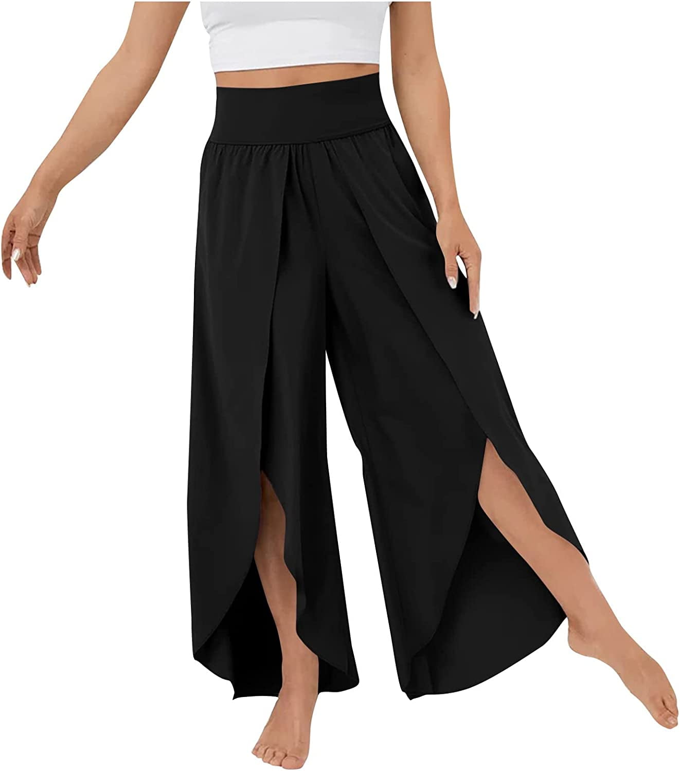 BESTSPR Womens Casual Pants Flowy Split Wide Leg Loose Fit Pants High  Waisted Yoga Pants Beach Plus Size 