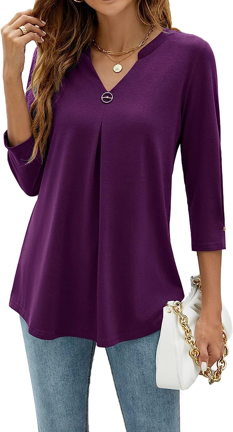 BESTSPR Womens V Neck 3/4 Sleeve Shirts Business Casual Tops Loose Work