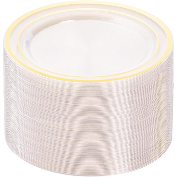 100PCS Clear Plastic Plates, 10.25 Inch Disposable Dinner Plate Party with Gold Rim, Heavy Duty Disposable Plastic Plates for Party, Wedding and Birthday, Christmas, Thanksgiving