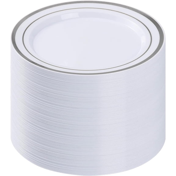 200PCS Silver Plastic Plates, 10.25 Inch Disposable Dinner Plate Party with Silver Rim for Christmas, Thanksgiving, Heavy Duty Disposable Plastic Plates for Party, Wedding and Birthday, Events