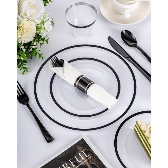 350Pcs Clear & Black Plastic Plates for Party, Disposable Dinnerware Set for 50 Guests,100 Plastic Plates, 50 Cups, 50 Pre-Rolled Napkins with Cutlery for Party, Wedding, Christmas