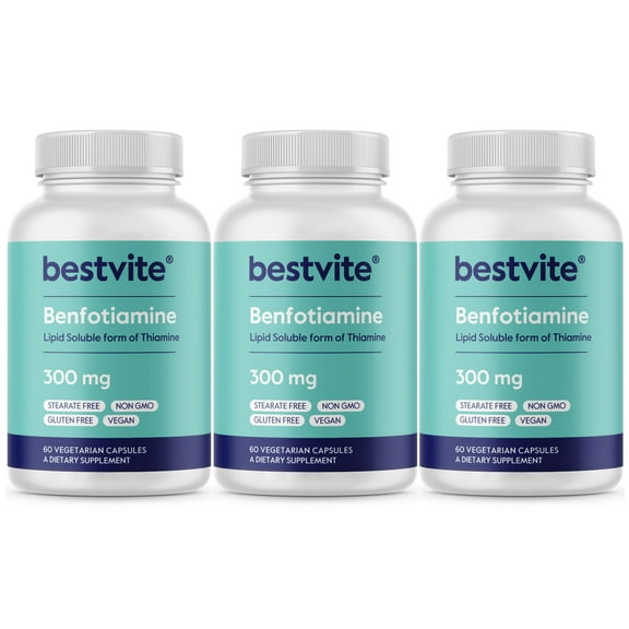 BESTVITE Benfotiamine 300mg (180 Vegetarian Capsules) (3-Pack) No Stearates - No Silicon Dioxide - Vegan - Non GMO - Gluten Free