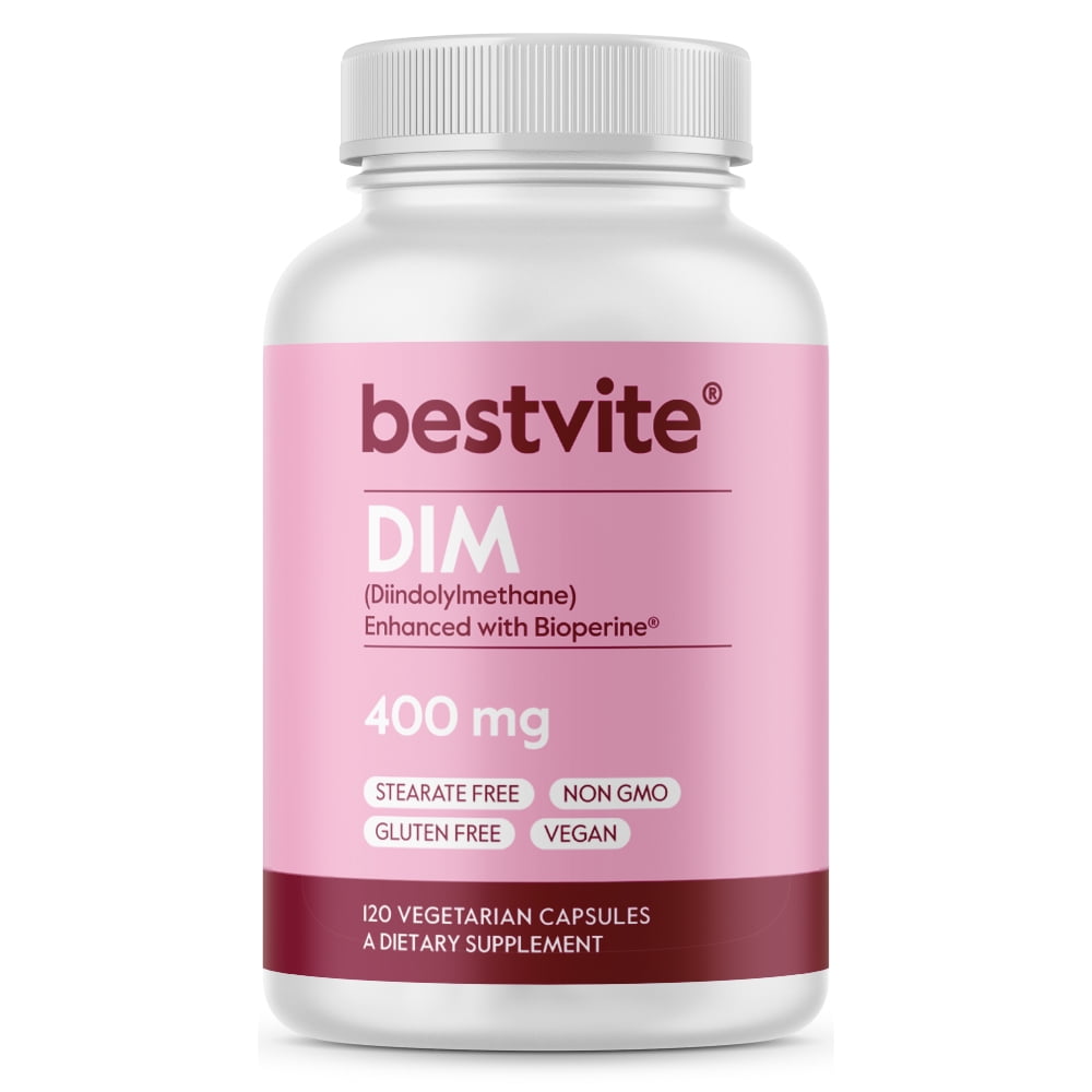 BESTVITE DIM (Diindolylmethane) 400mg with Bioperine (120 Vegetarian Capsules) - No Stearates - No Gelatin - Vegan - Non GMO - Gluten Free