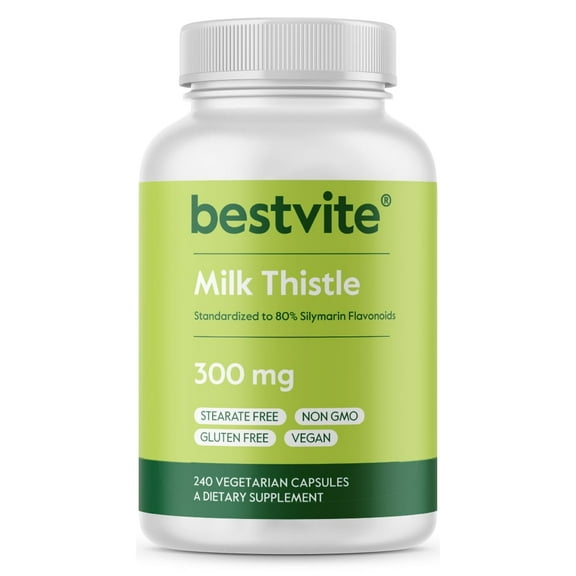 BESTVITE Milk Thistle 300mg (240 Vegetarian Capsules)-Standardized to 80% Silymarin Flavonoids-No Stearates-Vegan-Non GMO-Gluten Free