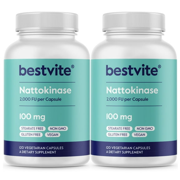 BESTVITE Nattokinase 100mg (2000 FU)(240 Vegetarian Capsules)(120x2)- No Stearates-Vegan-Non GMO-Gluten Free