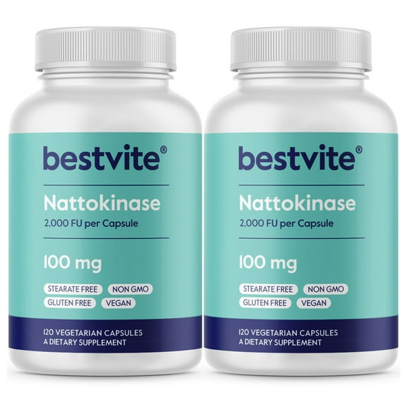 BESTVITE Nattokinase 100mg (2000 FU)(240 Vegetarian Capsules)(120x2)- No Stearates-Vegan-Non GMO-Gluten Free