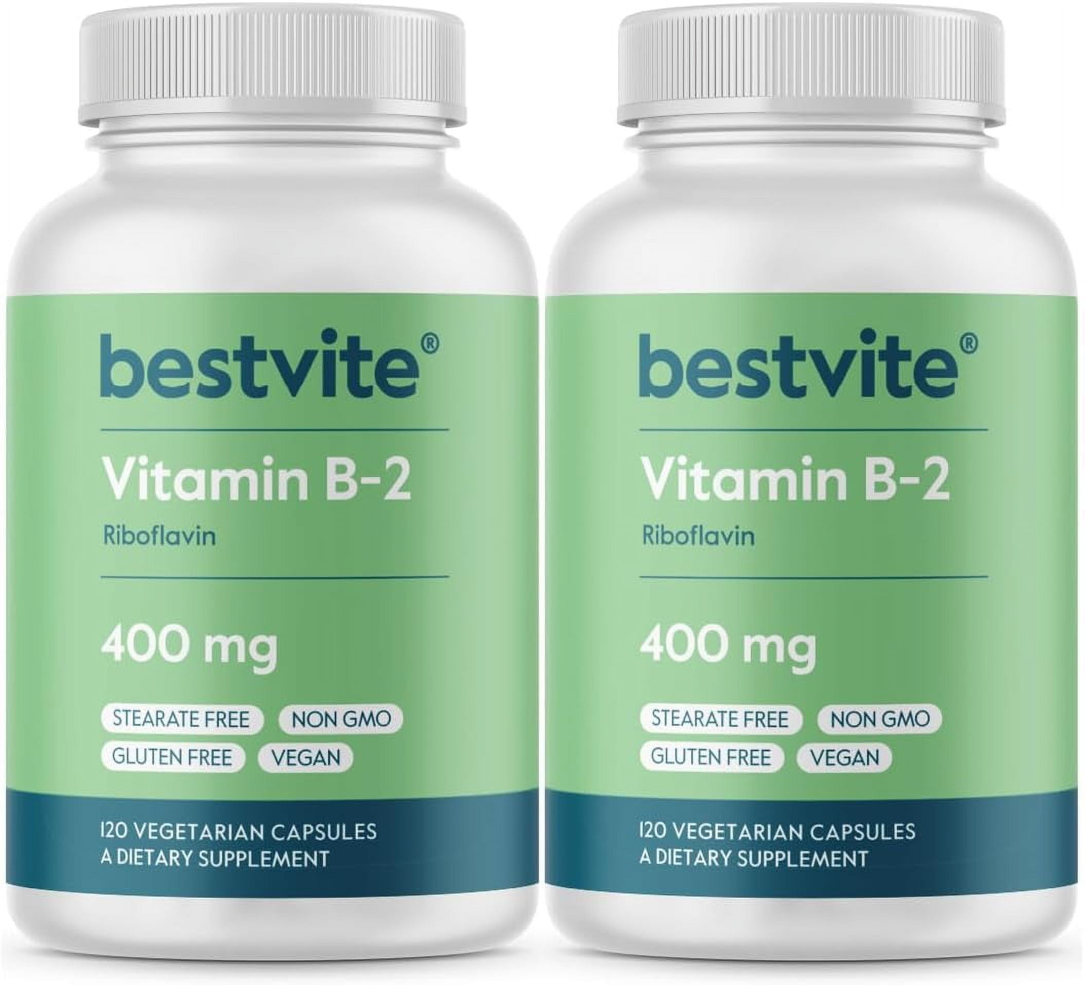 BESTVITE Vitamin B-2 (Riboflavin) 400mg (240 Vegetarian Capsules) (120 x 2) - No Stearates - Vegan - Non GMO - Gluten Free