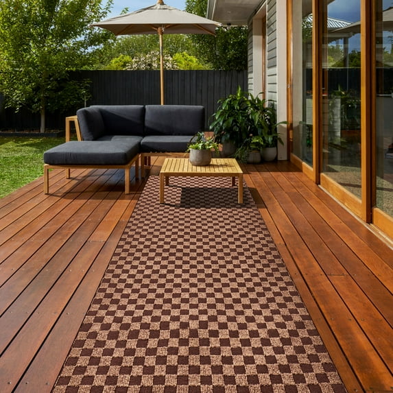 BESTVUE Runner Rug Outdoor Non Slips Carpet Runners Indoor Utility Area Rugs Mat for Kitchen Hallway Entryway Garage with Rubber Backing Checkred Brown 4ft x 14ft