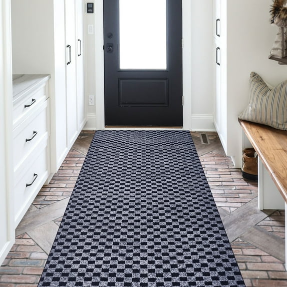 BESTVUE Runner Rug Outdoor Non Slips Carpet Runners Indoor Utility Area Rugs Mat for Kitchen Hallway Entryway Garage with Rubber Backing Checkred Grey 4ft x 12ft