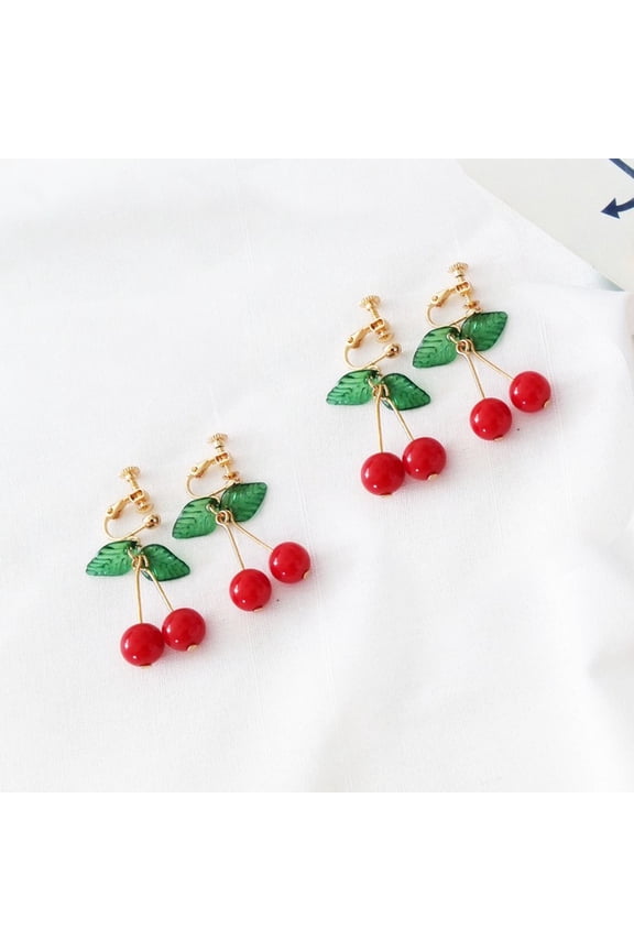 1 Pair Clip on Cherry Earrings Alloy Red Small Fresh Fruit Shape for Women