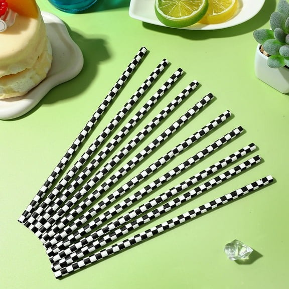 BESTYASH 100Pcs Party Paper Straws Sturdy Checkered Design for Themed Birthday Or Race Events