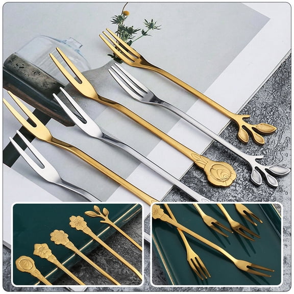 BESTYASH 10Pcs Golden Stainless Steel Fruit Forks Two Tine Forks for Home Dessert and Appetizers