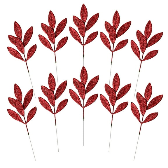 BESTYASH 10Pcs Artificial Christmas Leaves with Glitter for Holiday Floral and Tree Ornament Use