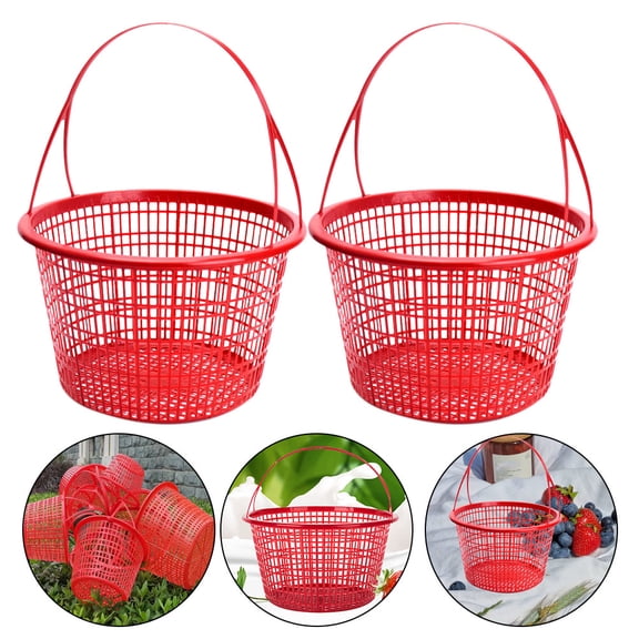 BESTYASH 10pcs Basket Red Plastic Round Shape for Outdoor Fruit Picking 8.7*8.3*5.5in