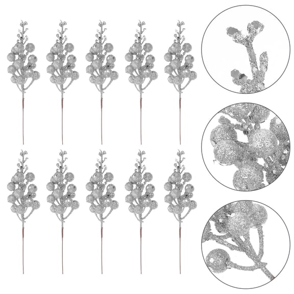 BESTYASH 10Pcs Artificial Silver Berry Stems for Christmas Tree Decor and Holiday Decorations