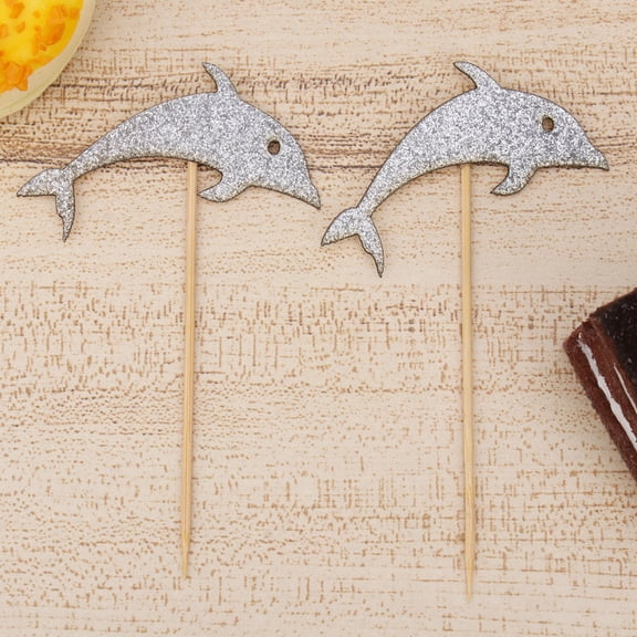 BESTYASH 12Pcs Plated Silver Paper Party Cake Toppers Creative Dolphin Design Decorative Cake Picks