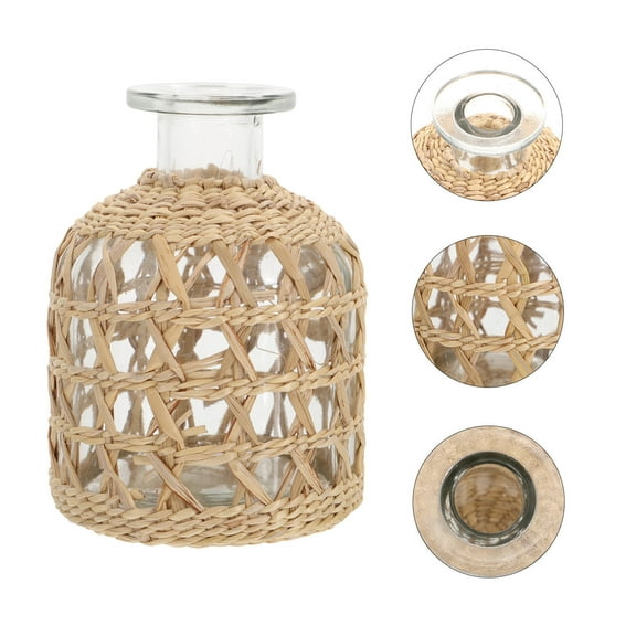 BESTYASH 1Pack Floral Woven Container Glass Bottle Decoration Natural Style Light Brown