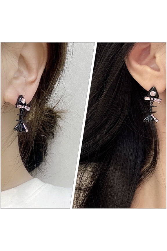 1Pair Lightweight Fish Bone Dangle Earrings Black Alloy Ear Jewelry for Festivals