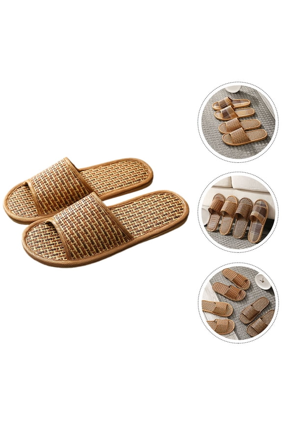 1Pair Comfortable Light Brown Rattan Grass Woven Indoor Slippers for Home