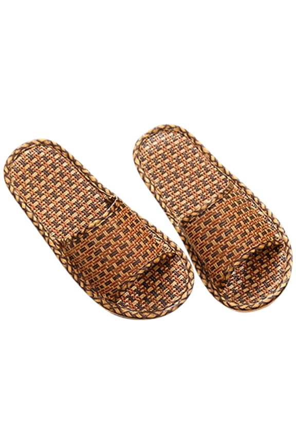 1Pair Minimalist Light Brown Indoor Shoes with Breathable Rattan Straw Design