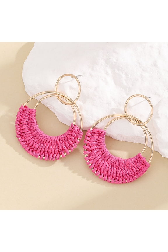 Bohemian Raffia Wrapped Hoop Earrings Rosy Metal Fashionable