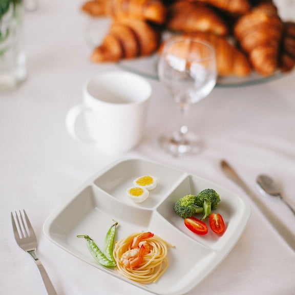 BESTYASH 1Pc Ceramic Three Grid Breakfast Plate White Multi Compartment Divided Serving Tray for Kitchen