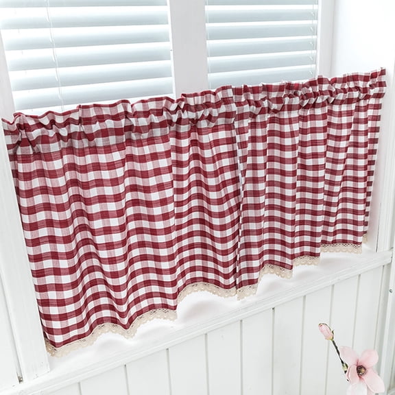 BESTYASH 1Pc Curtains Decoration Dark Red Plaid Lace Fabric Pole Curtains for Home and Bedroom