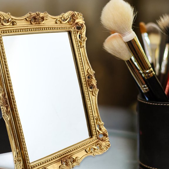BESTYASH 1Pc Golden Carved Pattern Cosmetic Mirror Retro Style Square Makeup Mirror for Desktop Decor