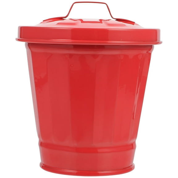 BESTYASH 1Pc Metal Utility Pail Red Iron Desktop Garbage Bin with Lid Multi Purpose