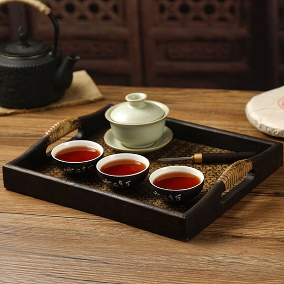 BESTYASH 1Pc Natural Brown Rattan Tea Tray Wood Serving Plate with Smooth Sanding Finish