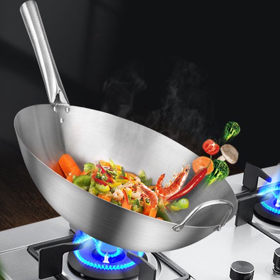 BESTYASH 1Pc Kitchen Wok with Handle Plated Silver Steel for Open Flame and Wood Fire