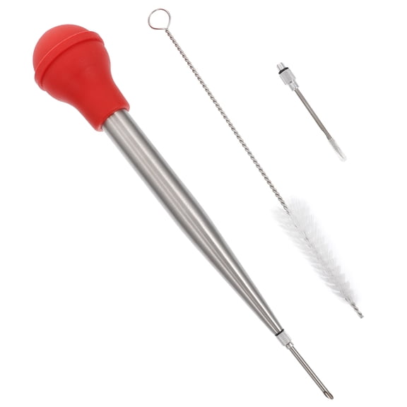 BESTYASH 1Set Barbecue Meat Injector Red Silicone Pump with Stainless Steel Needle for Kitchen Use