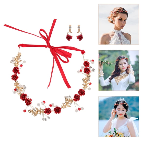 BESTYASH 1Set Bridal Red Flower Headband and Earrings Set Wedding Hair Accessories