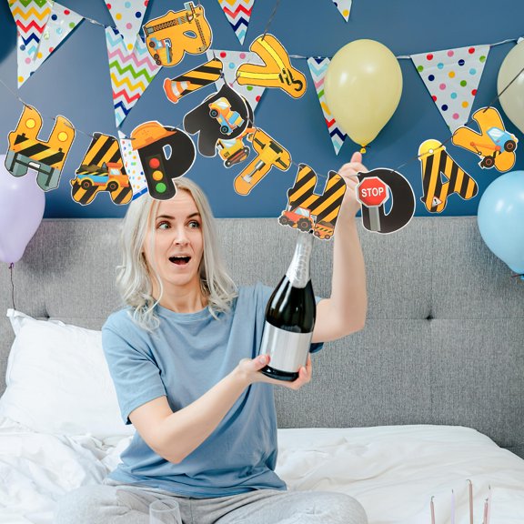 BESTYASH 1Set Construction Theme Birthday Banner Featuring Excavator and Crane Party Decor