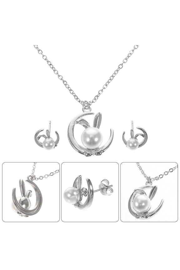 1Set Easter Earrings with White Bunny Drops Copper Necklace for Festive Wear