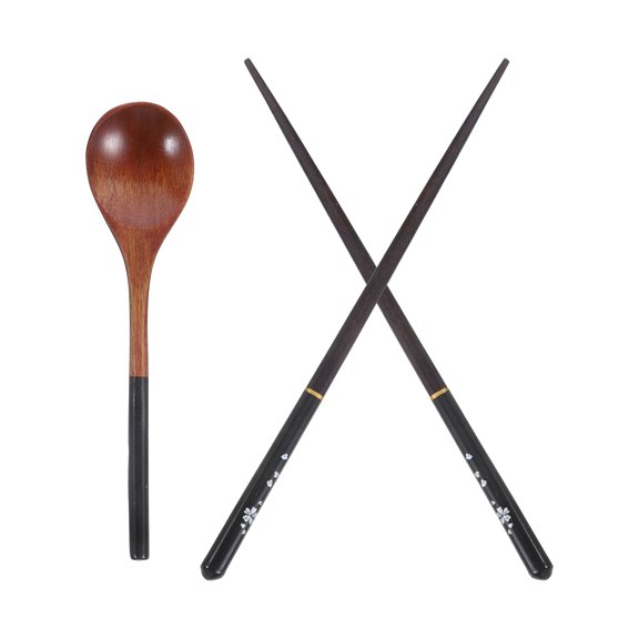 BESTYASH 1Set Japanese Style Wooden Tableware Set with Black Spoon and Chopsticks for Home Travel Dining