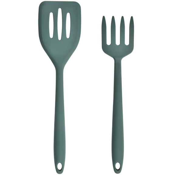 BESTYASH 1Set Multi Function Silicone Wok Spatula and Fork Kitchen Cooking Accessory Dark Green