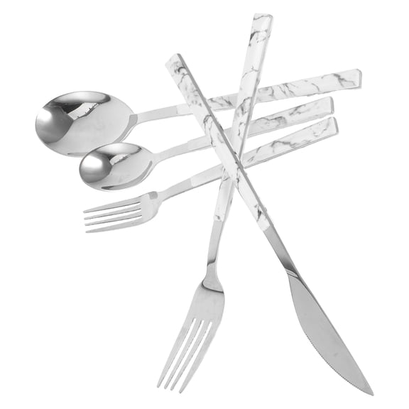 BESTYASH 1Set Portable Stainless Steel Fork Spoon Cutter Kit with Marble Handle Design