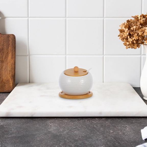 BESTYASH 1Set White Ceramic Seasoning Box with Moisture Proof Wooden Lid and Spoon Practical Condiment Jar