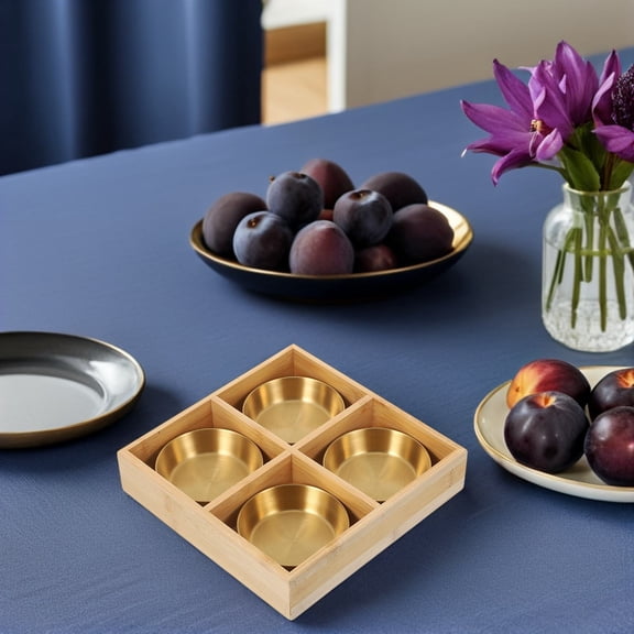 BESTYASH 1Set Wood Divided Serving Tray Golden Compartment Platter for Hot Pot and Bbq