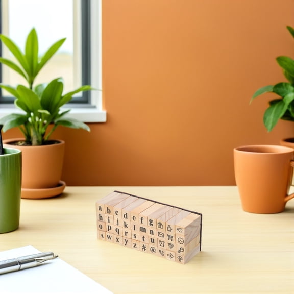 BESTYASH 1Set Wooden Alphabet Stamps Set with Ink Pad for DIY Crafts Journaling and Card Making in Beige