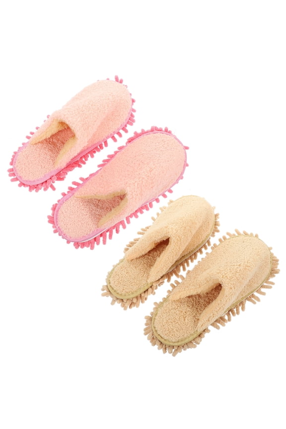 2 Pairs Microfiber Duster Slippers for Indoor Cleaning, Reusable Floor Dust Mop Socks for Adults Beige