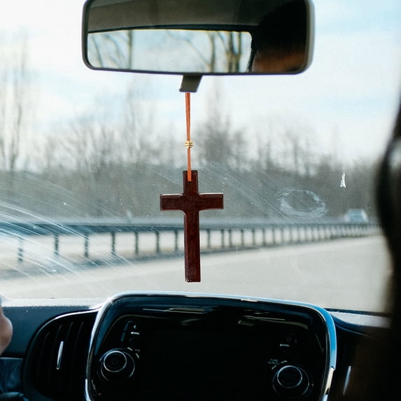 BESTYASH 2Pcs Cross Pendant Car Mirror Charm Retro Style Hanging Ornament Brown Thread Spiritual Symbol