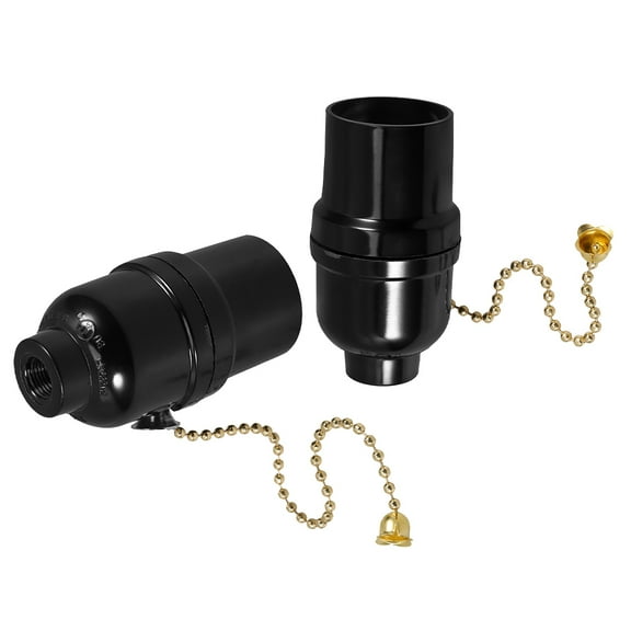 BESTYASH 2Pcs E27 Threaded Lamp Base with Pull Chain Switch Black for Living Room Study
