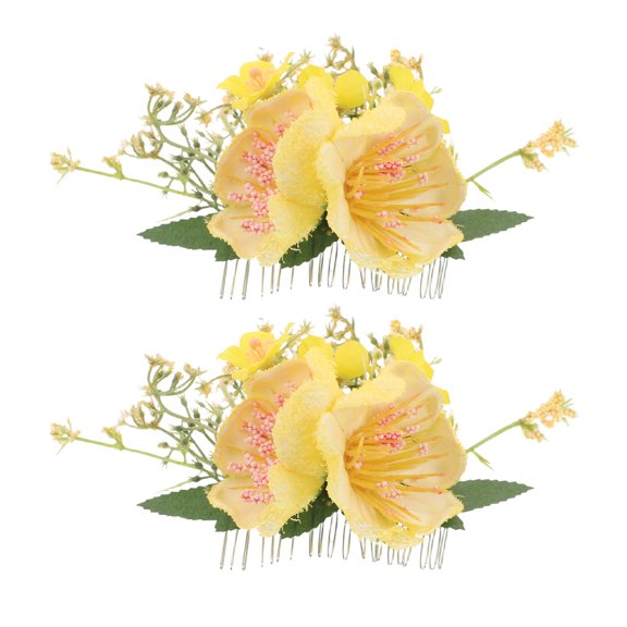BESTYASH 2Pcs Yellow Hawaiian Flower Hair Combs Fabric Floral Hairpins for Beach Wedding Party Accessories