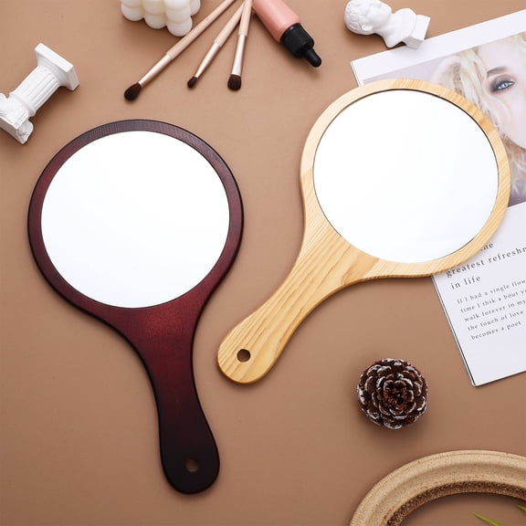 BESTYASH 2Pcs Large Handheld Mirror with Ergonomic Wooden Handle Stylish Portable Makeup Mirror