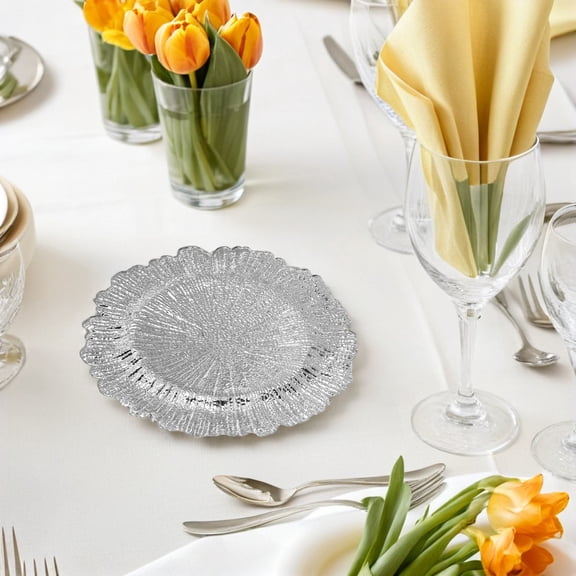 BESTYASH 2Pcs Plastic Plated Silver Dinner Charger Plates for Home Event Tableware with Irregular Contours