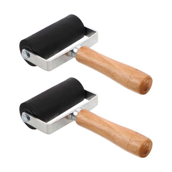 BESTYASH Set of 2 Rubber Printing Rollers with Wooden Handles for Printmaking, Painting, and Gluing Applications - Beige