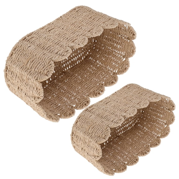 BESTYASH 2Pcs Scalloped Edge Handwoven Paper Rope Storage Basket Beige for Decorative Home Organization
