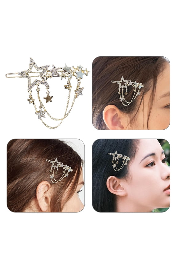2Pcs Rhinestone Stars Hairpin with Tassels Assorted Color Side Clip Hair Accessory